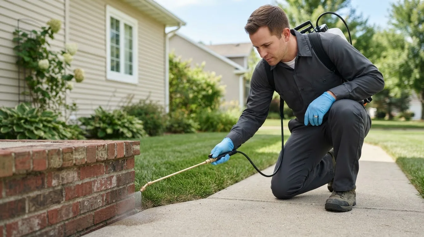 Pest control technician treating a home near Ayr, NE
