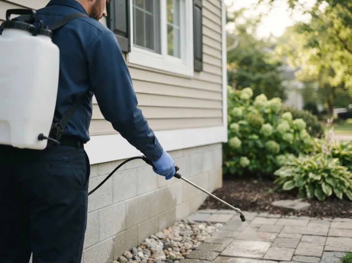 Pest control technician inspecting a home in Ayr, NE